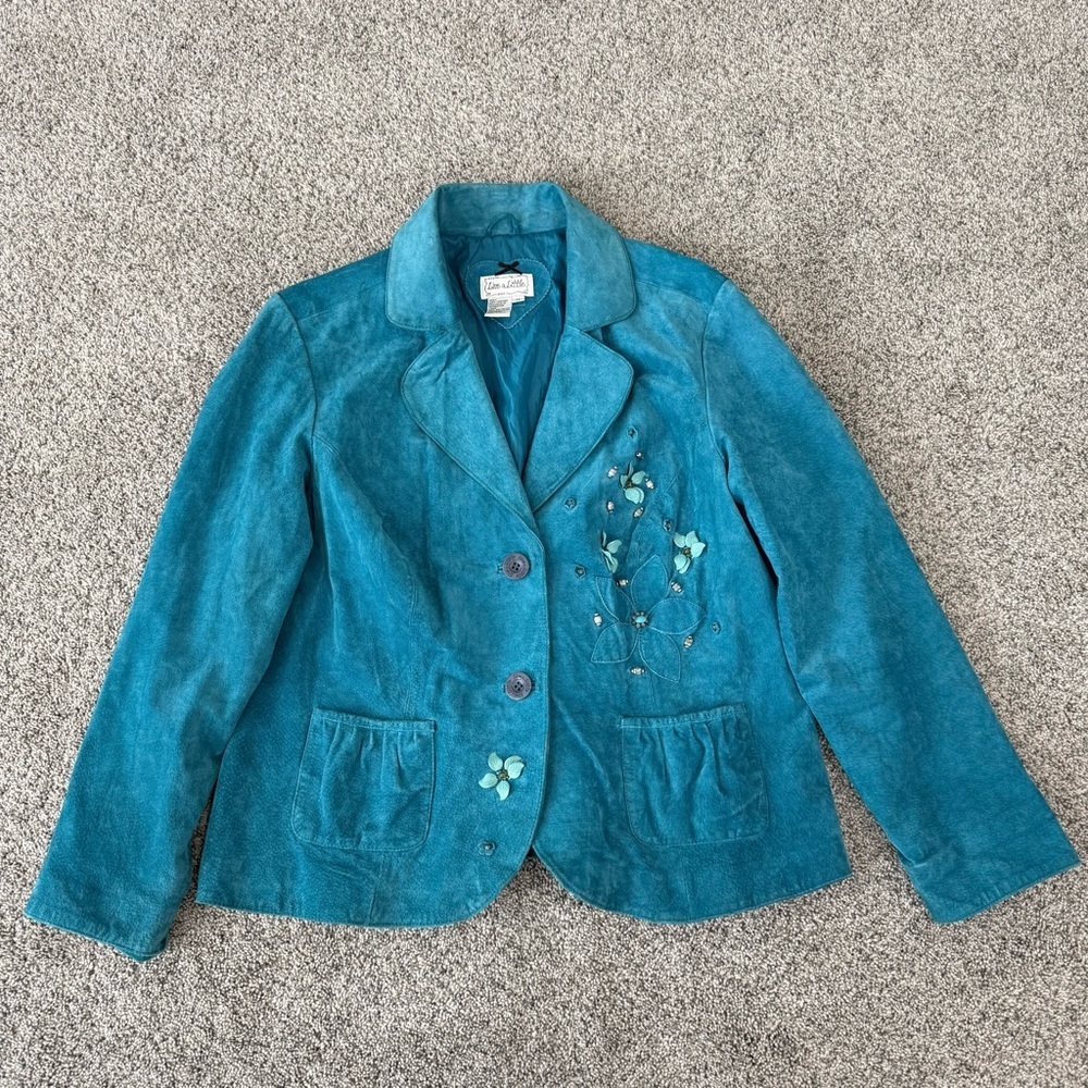 Vintage Live A Little Teal Blue Suede Y2K Blazer Jacket Embellished Women’s 1X